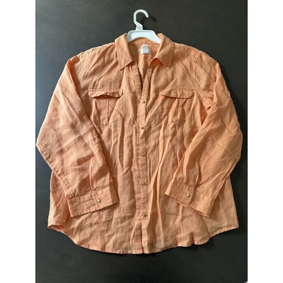 chicos linen shirt orange gold button down roll tab sleeves 100% linen size 2/ L - Picture 7 of 13
